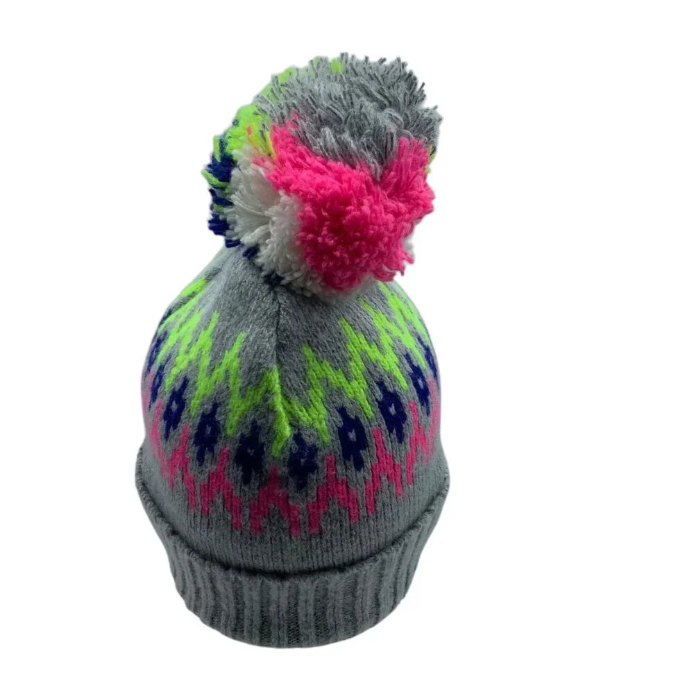 Aeropostale Gray Knit Pom Beanie‎ Hat Neon Pink Green Fair Isle Pattern NWOT